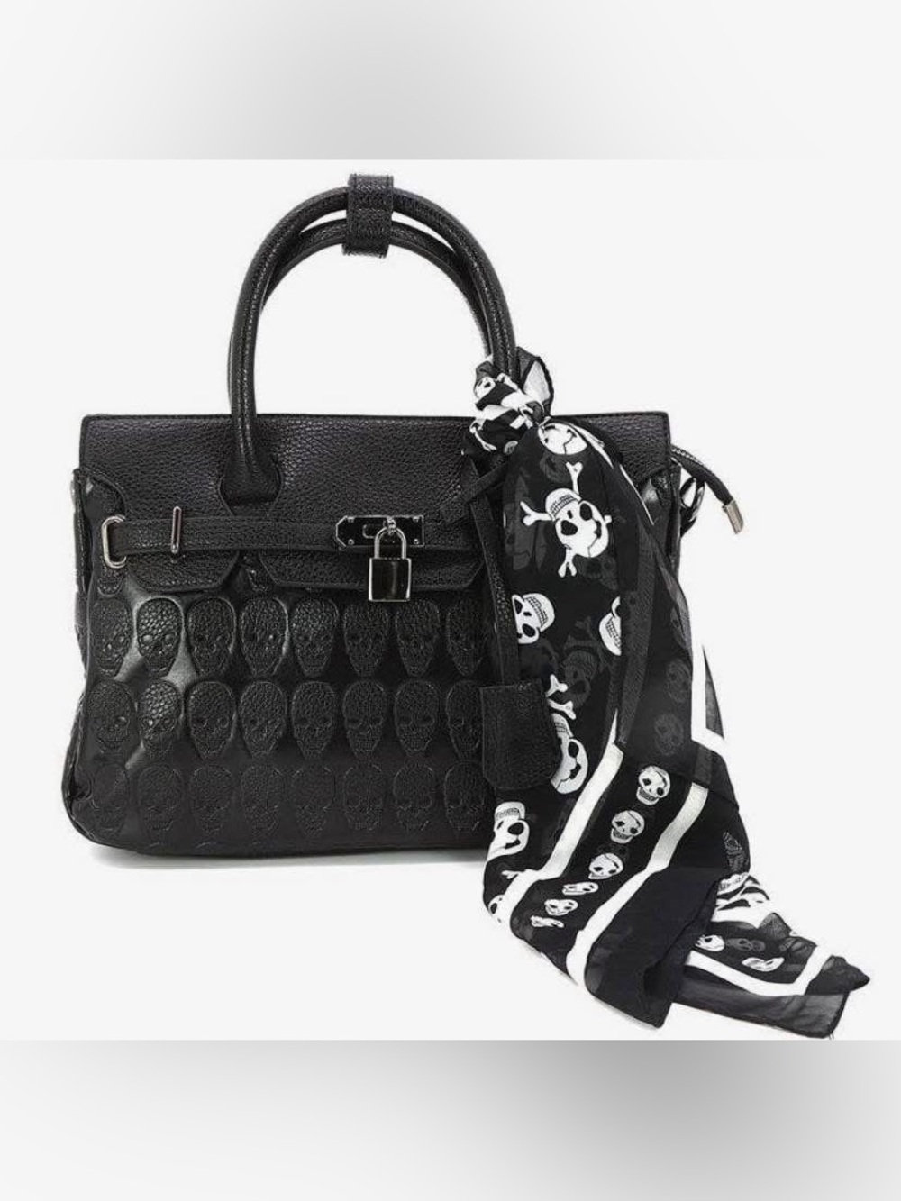 Black Leather Skull-Embossed Tote with Skull Scarf
